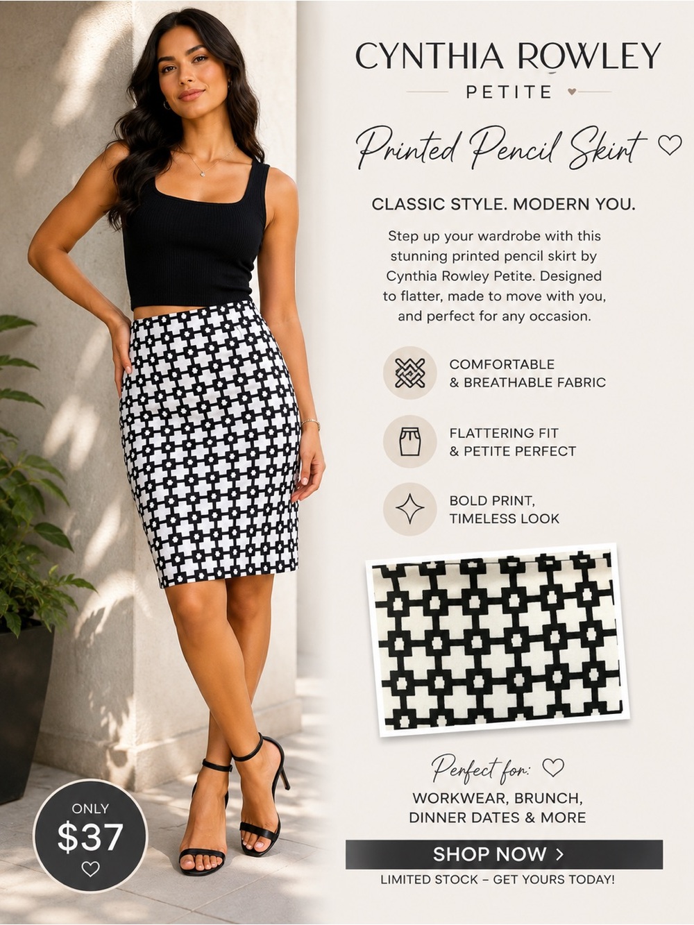 Cynthia Rowley Black & White Geometric Pencil Skirt
